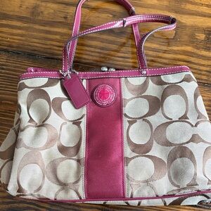 Coach Pink and Tan Signature Shoulder Bag